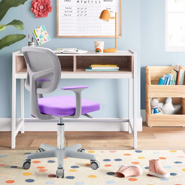 Sedia da scrivania girevole per bambini Costway, sedile in tessuto viola con braccioli e rotazione a 360 gradi