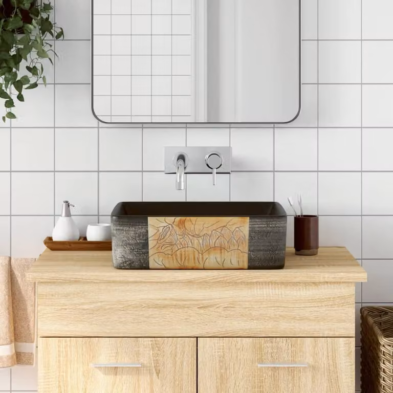 Lavabo da appoggio rettangolare vidaXL in ceramica, nero e marrone, L 46 cm x P 35,5 cm x H 13 cm