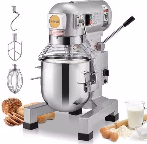 Impastatrice Commerciale Vevor da 10L con 3 Velocità Regolabili, Motore da 550 W, Ciotola e Accessori in Acciaio Inox, Colore Argento