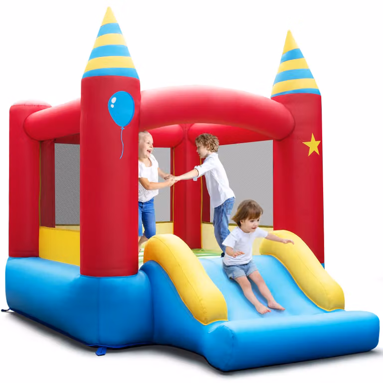 Castello gonfiabile portatile Costway multicolore con rete di sicurezza e borsa per il trasporto per il divertimento dei bambini