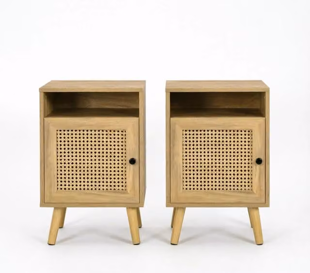 Set di 2 comodini Chicfurn in MDF con anta in rattan beige per camera da letto e soggiorno L/P/H: 39 x 35 x 60 cm