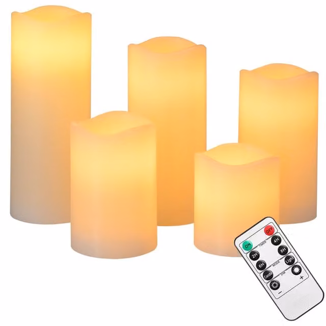 Set di 5 candele LED Deuba® in vera cera bianca con effetto flickering, telecomando e timer