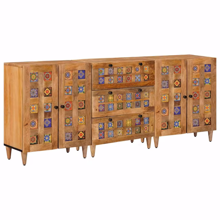 Set di 3 credenze moderne vidaXL in legno di mango massello marrone, L/P/H: 180 x 33 x 75 cm