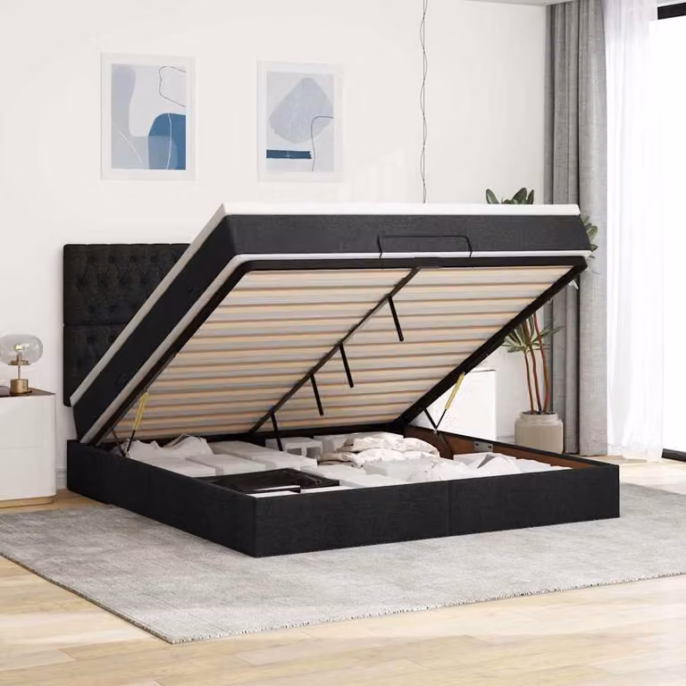 vidaXL Letto con Contenitore a Sollevamento e Materasso in Tessuto Nero L: 180 cm, P: 200 cm, H: 128 cm