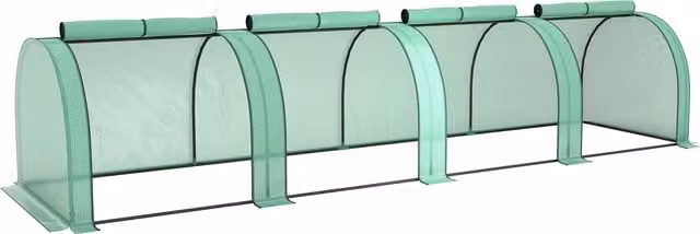 Serra a tunnel Outsunny per il tuo giardino con 4 porte a cerniera, in acciaio e plastica impermeabile anti UV, Verde, L: 395 cm, P: 100 cm, H: 80 cm