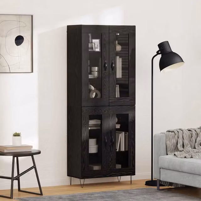 Credenza moderna vidaXL in rovere e nero con ante in vetro e ripiani interni, L: 69,5 cm, P: 34 cm, H: 180 cm