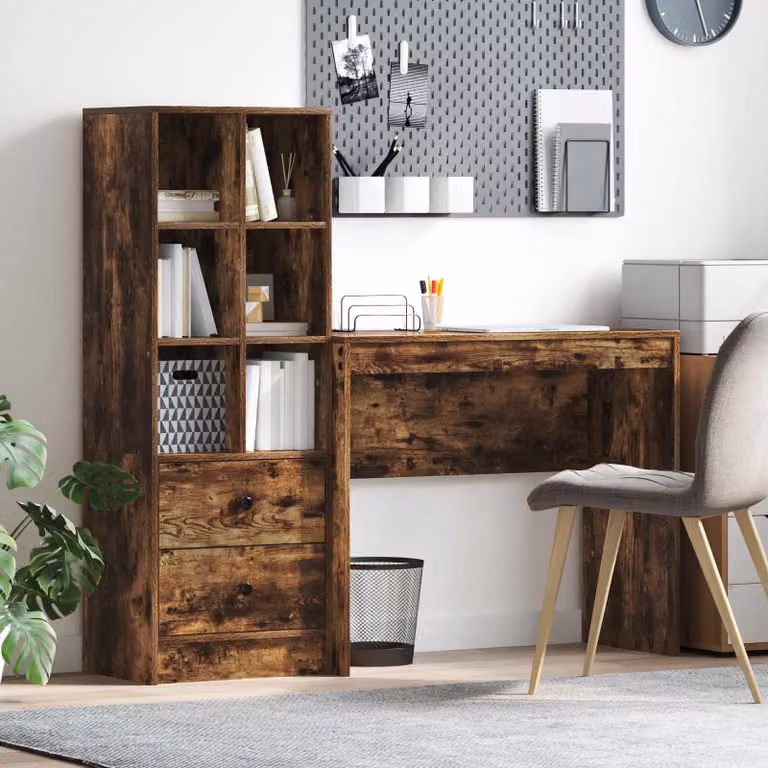 Set di 2 Scrivanie moderne vidaXL in rovere fumé marrone con scaffale L: 135,5 cm, P: 40 cm, H: 127 cm