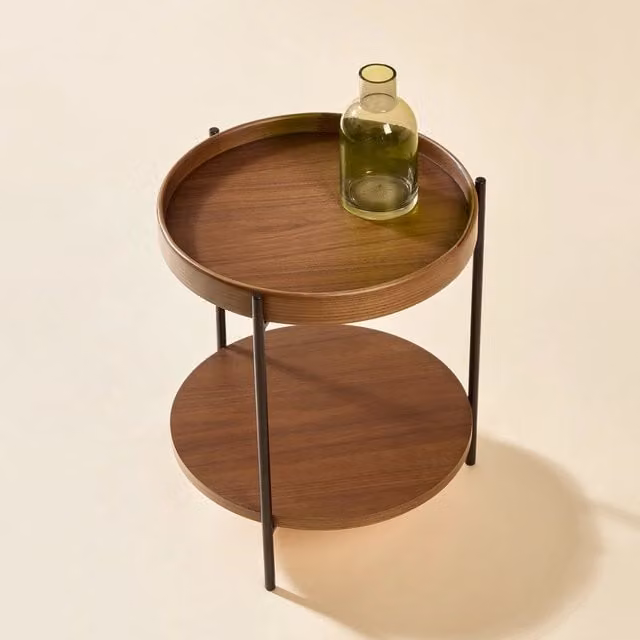 Tavolino da caffè rotondo MINIMAL in legno massello e metallo, Naturale/Noce/Nero, L/P/H: 44 x 44 x 48 cm
