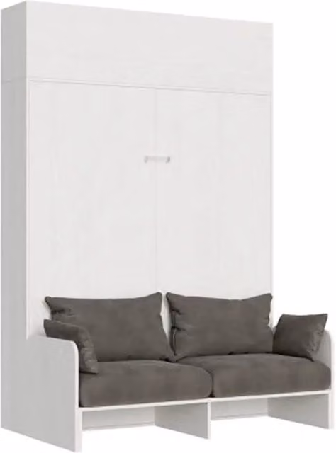 Letto matrimoniale a scomparsa Kentaro Itamoby con divano e pensile, Bianco Frassino e Grigio, 160x200 cm