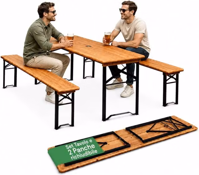 Set Tavolo e 2 Panche Pieghevoli da Giardino Zendea in Legno Marrone con Struttura in Ferro e Foro Ombrellone