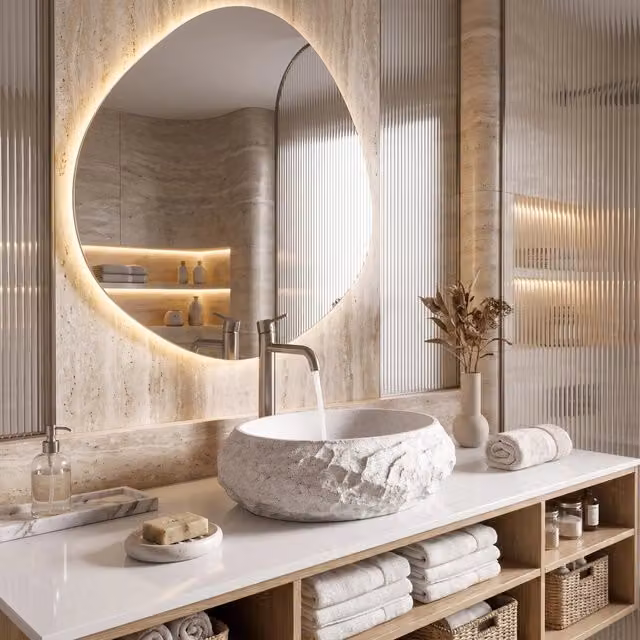 Lavabo da appoggio Rea Mika Cloudy in mineral cast, forma rotonda, disponibile in bianco o grigio