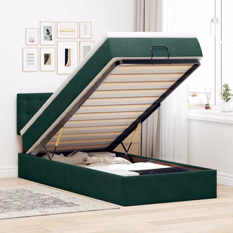 vidaXL Struttura Letto con Materasso in Velluto Verde e Bianco con Base a Sollevamento L/P/H: 90 x 200 x 4 cm