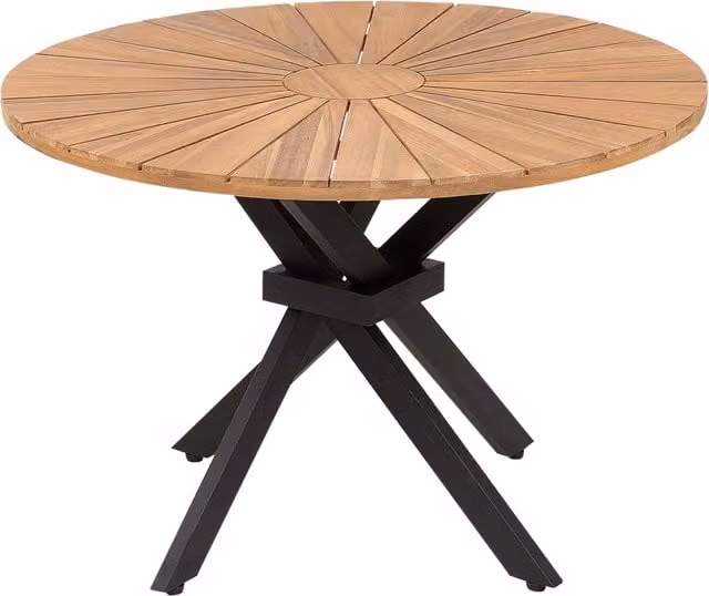 Tavolo da giardino rotondo BELIANI in legno di acacia oliato, design moderno con struttura a X, ideale per esterni e interni, Diametro: 110 cm, Altezza: 75 cm