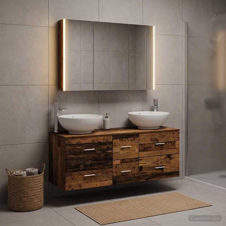 Set di mobili da bagno moderno vidaXL in legno e vetro marrone con armadietto specchio a LED, mobile lavabo e mobile laterale a parete