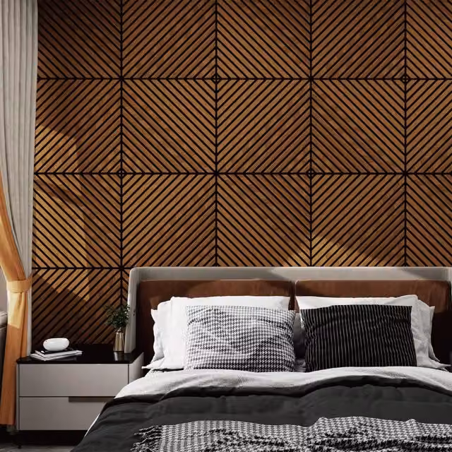 Set di 16 pannelli murali 3D fonoassorbenti NEU.HOLZ con listelli diagonali effetto legno teak marrone, copertura 5,76 m², L/P: 60 x 60 cm