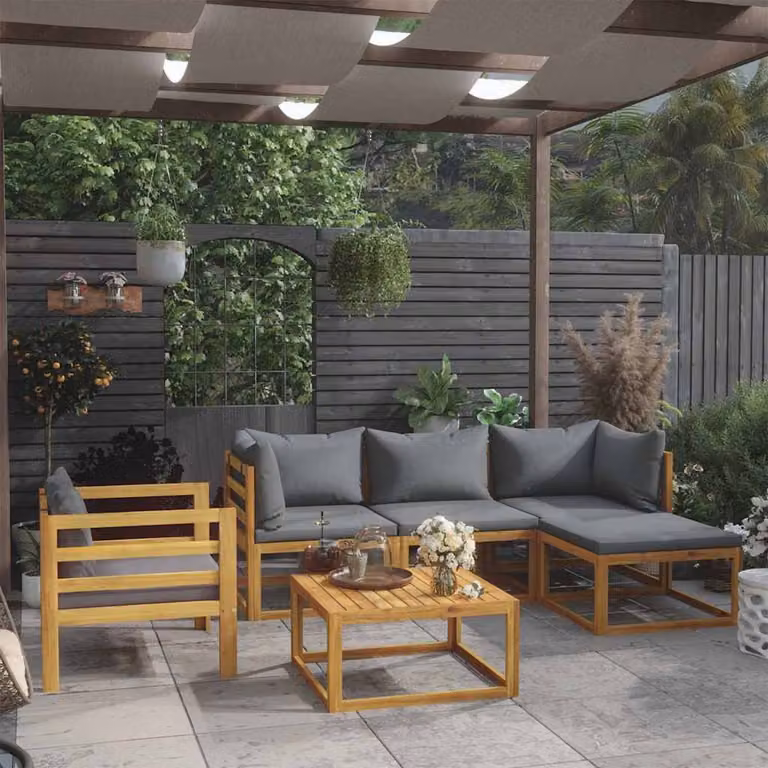 Set di divani da giardino vidaXL in legno di acacia con cuscini grigi, 6 pezzi