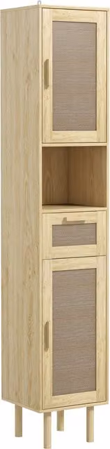 Mobiletto colonna bagno HOMCOM in stile boho con ante in rattan e cassetto, colore rovere, L/P/H: 32 x 30 x 170 cm