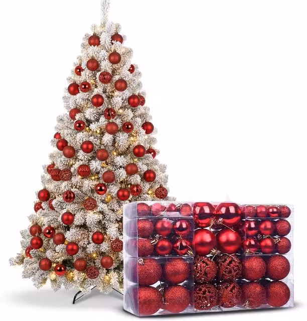 Set di 100 palline di Natale Saint Joy rosse con 2 dimensioni e 3 finiture diverse