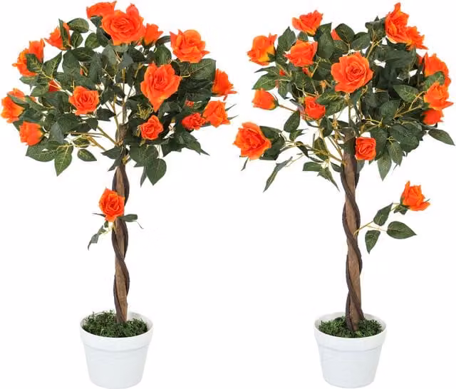 Pianta finta di Camelia Outsunny con 21 fiori arancioni e vaso in cemento con muschio, Ø18 x H 90 cm
