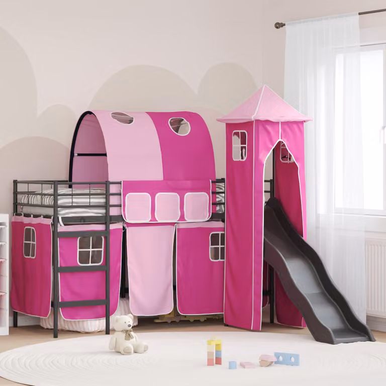 Letto a castello per bambini vidaXL in metallo con struttura a casetta, Nero, Rosa e Blu, L/P/H: 194 x 80 x 116 cm