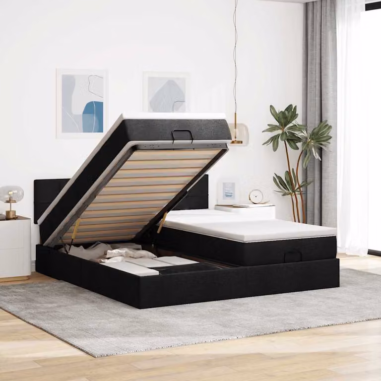 Struttura Letto con Contenitore a Sollevamento vidaXL in Tessuto Nero con Materasso L: 180 cm, P: 200 cm, H: 280 cm