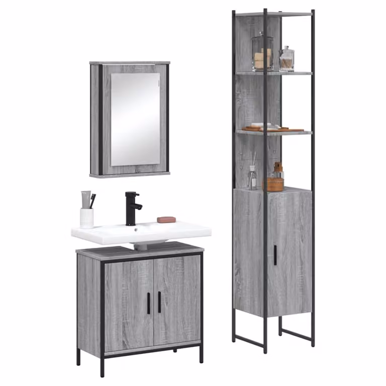 vidaXL Set Mobili da Bagno 3 pz Moderno Grigio in Legno e Metallo con Specchio e Mensole