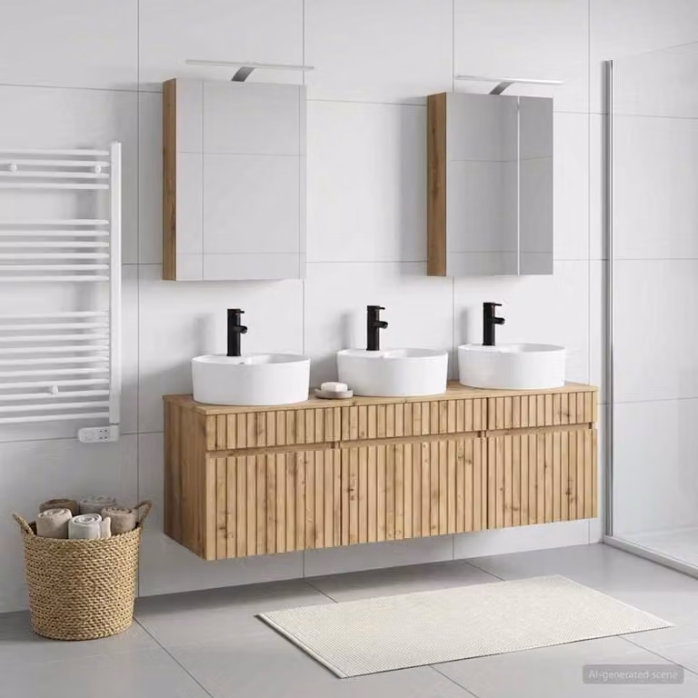 Set di mobili da bagno moderno vidaXL in legno marrone con illuminazione LED, armadietto a muro e mobile lavabo con cassetti e ripiani interni