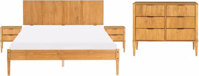 Set da camera da letto Beliani in legno di pino cerato marrone chiaro stile scandinavo con letto matrimoniale 160 x 200 cm, 2 comodini e cassettiera a 6 cassetti
