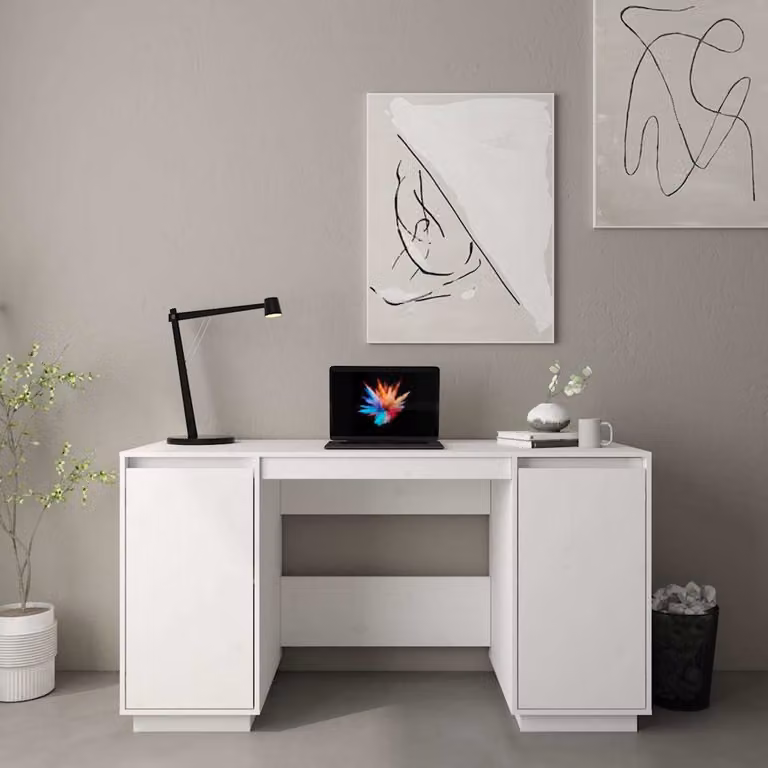 Scrivania moderna vidaXL in legno massello di pino bianca L 140 cm, P 50 cm, H 75 cm