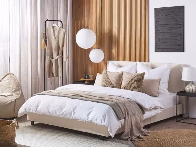 Letto ad acqua Beliani King Size EU in tessuto imbottito beige con materasso e design moderno L/P/H: 211 x 160 x 94 cm