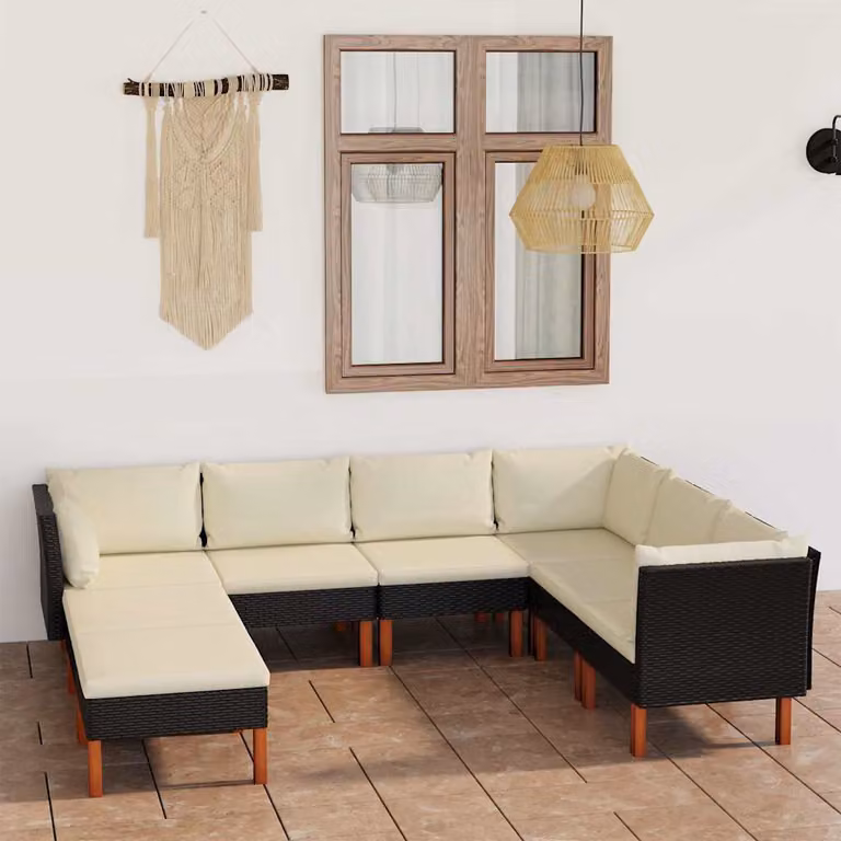 Set di divani da giardino vidaXL 8 pezzi con cuscini in rattan e struttura in acciaio nero e bianco