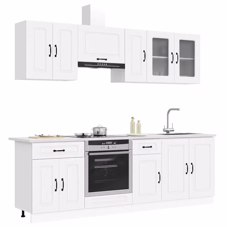 Set Mobili da Cucina Moderno vidaXL Kalmar 8 Pezzi Bianco con Ante in Vetro e Ripiani Interni L/P/H: 181.5 x 46 x 80 cm