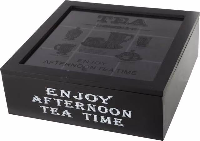 Scatola per tè in legno nero con 9 scomparti e coperchio in vetro