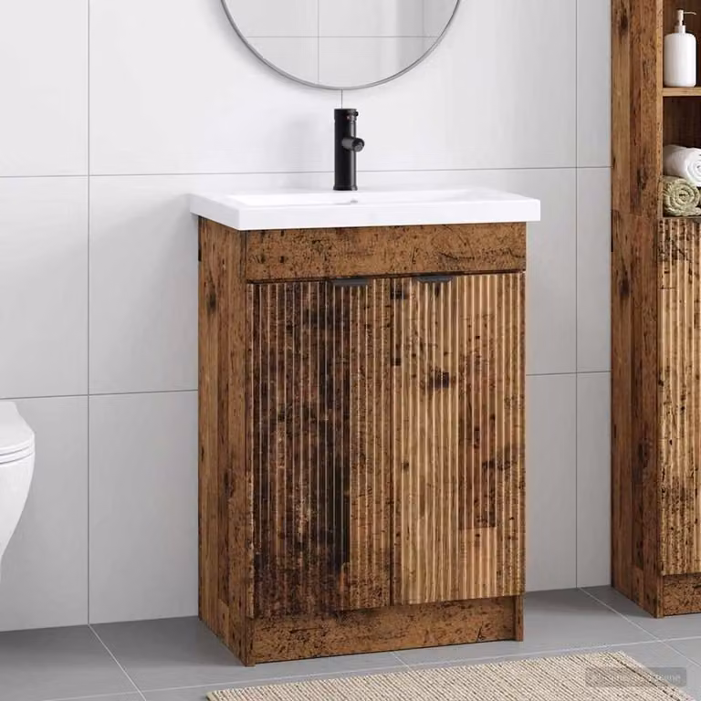 Set di mobili per il bagno vidaXL in legno e metallo marrone, moderno e sospeso, L: 56 cm, P: 37,5 cm, H: 81 cm