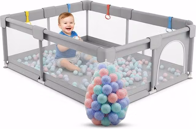 Box Pieghevole per Bambini Keiki Multicolore e Grigio con 100 Palline e 4 Anelli, L/P/H: 180 x 180 x 120 cm