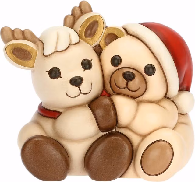 Coppia decorativa Thun Teddy e Renna Robin abbracciati in ceramica bianca e multicolore per Natale