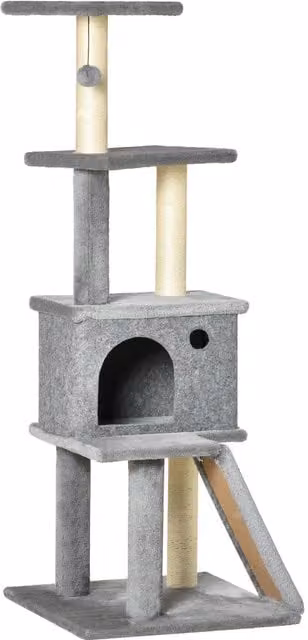 Albero Tiragraffi Multilivello PawHut con Casetta, Scala e Pali in Sisal, Grigio, L/P/H: 48 x 48 x 125 cm