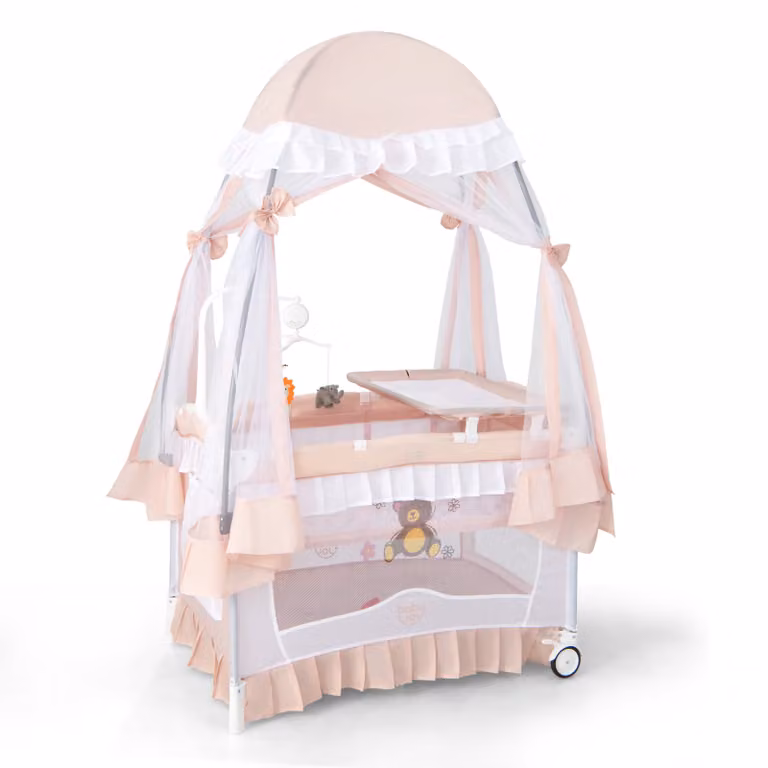 Culla per neonati Costway 4 in 1 convertibile con fasciatoio, zanzariera rimovibile, lettino da viaggio pieghevole, carillon e borsa, Rosa