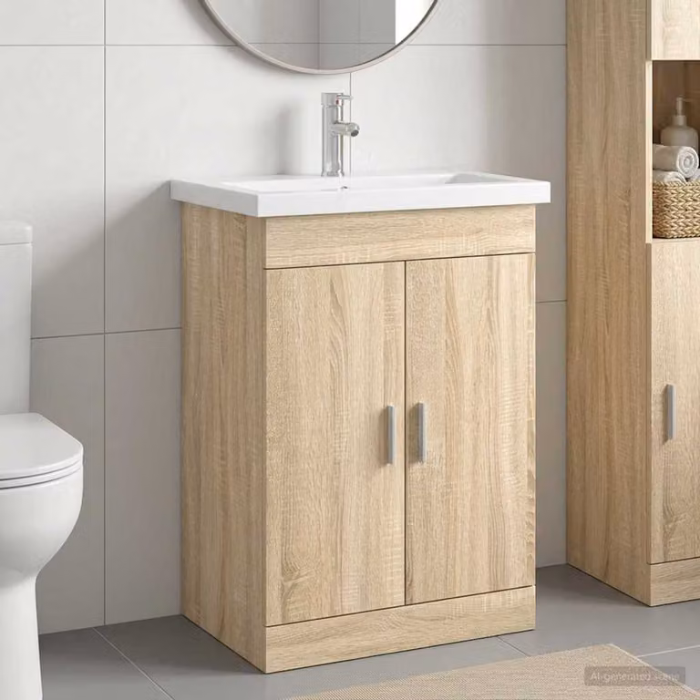 Set di mobili per il bagno moderno vidaXL in legno e MDF, colore Rovere Sonoma e dettagli argento, L: 61 cm, P: 40 cm, H: 84,5 cm