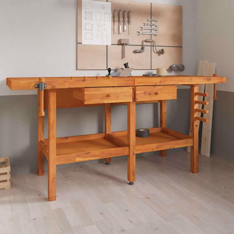 vidaXL Banco da Lavoro in Legno di Acacia con Cassetti e Morse, Marrone, L: 192 cm, P: 62 cm, H: 83 cm