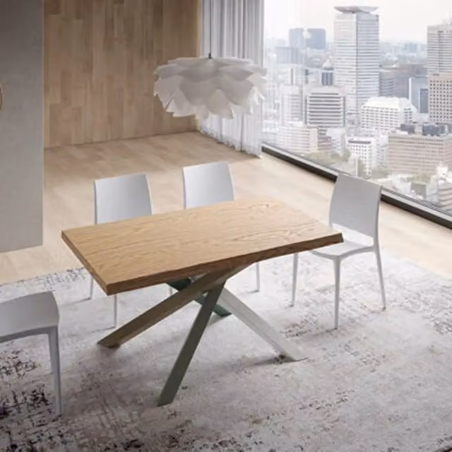 Tavolo fisso Itamoby Versalux in legno rovere con bordo live edge e gambe multicolore L: 140 cm, P: 90 cm, H: 75 cm