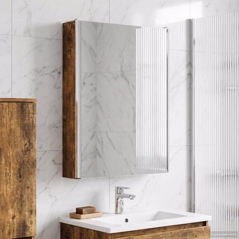Mobiletto per specchio da bagno vidaXL in legno Rovere fumé con illuminazione LED e ante in vetro, L 43 cm x P 11,5 cm x H 60,5 cm