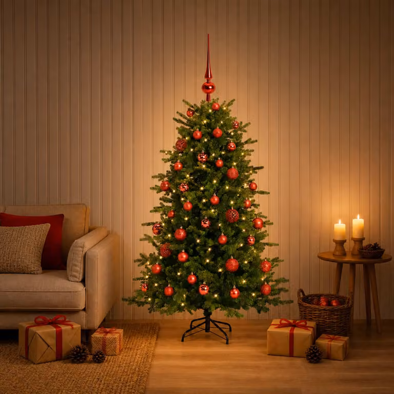 Albero di Natale artificiale verde vidaXL con 150 LED luce bianca calda e decorazioni, Altezza: 120 cm