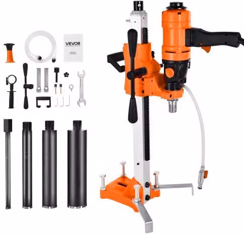 VEVOR Carotatrice per Calcestruzzo Portatile Arancione con Supporto, Trapano a Carotaggio da 1500 W con 4 Punte, Diametro di Foratura 200 mm, 2 Velocità (1000/2250 giri/min)