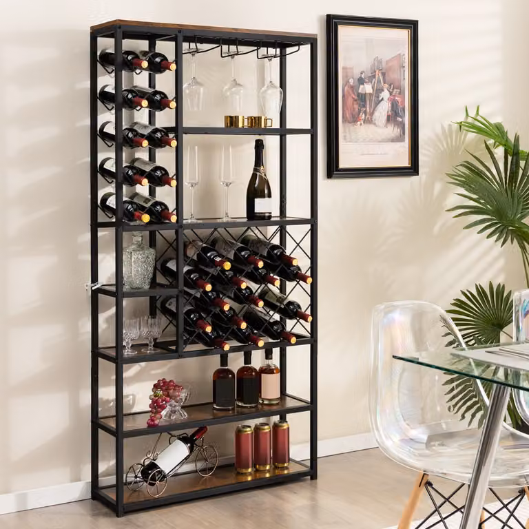 Costway Scaffale per vino in stile industriale, Mobile porta bottiglie in metallo nero e marrone, L 81 x P 23 x H 166 cm