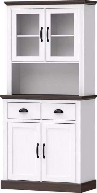 Dispensa da cucina HOMCOM con ante in vetro, 2 cassetti e ripiani regolabili, Bianco, L 80 cm x P 38 cm x H 170 cm