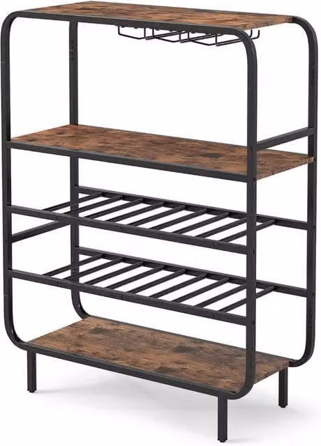 Portabottiglie e portabicchieri ergonomico stile rustico HELLOSHOP26 in metallo e truciolato, nero e marrone, L: 90 cm, P: 35 cm, H: 117 cm