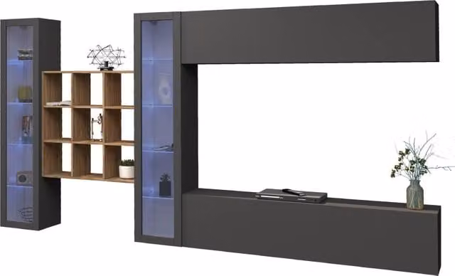 Parete attrezzata moderna Shopinnotivo Eron RT in antracite e rovere con vetrine e illuminazione integrata