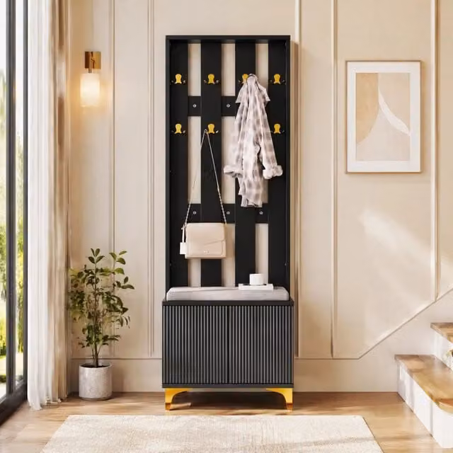 Guardaroba moderno Qavryl con panca porta scarpe e dettagli oro, colori nero, grigio e oro, H: 180.5 cm, L: 60.5 cm, P: 35.2 cm