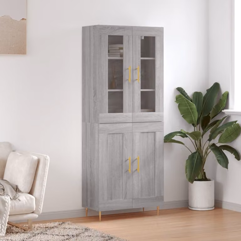 Credenza moderna vidaXL in legno e vetro Grigio Sonoma L: 69,5 cm, P: 34 cm, H: 180 cm